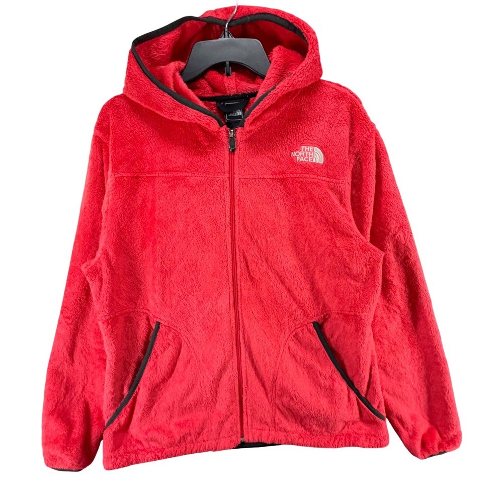 The North Face Fleece Hooded Jacket Womens XL Red Logo Full Zip Outdoor Fuzzy
